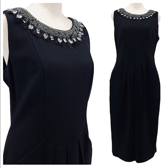 Lafayette 148 Ponte Knit Sheath Dress Feather Crystal Chain Bead Neckline Size 8 - Picture 1 of 10